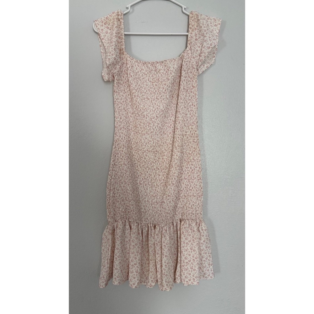 Esterus‎ Floral Mini Dress Smocked Ruffle Hem Square Neck Pink White Summer